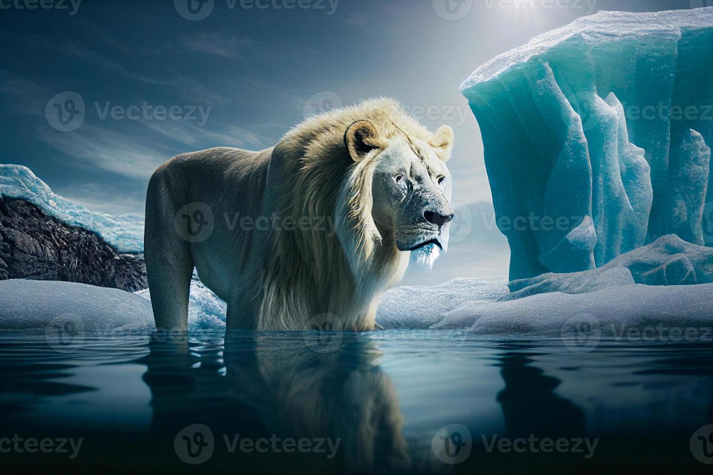 blue ice lion illustration art. AI photo