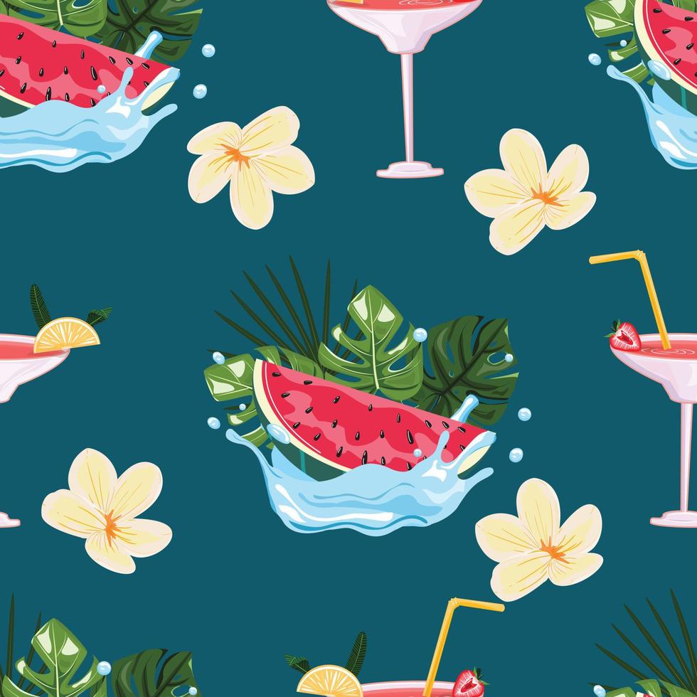 Floral seamless background with watermelon and cocktail glass. vector