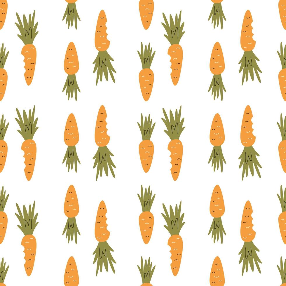 Easter theme related decorative pattern. Vertical orange carrot repeated background. Seamless design for farmers market. Food wrapping paper. Hand drawn flat vector illustration isolated on white