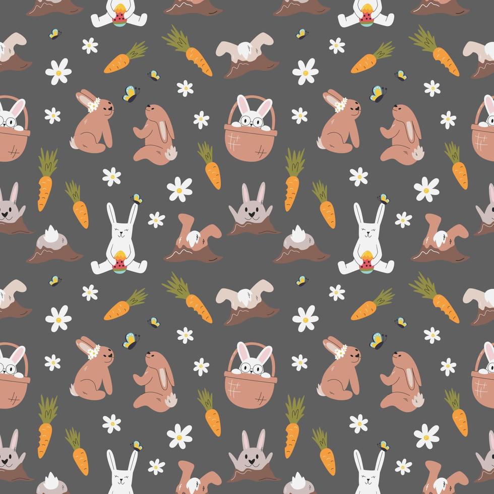 Funny easter rabbits pattern on grey background. Cute different bunnies with carrots and flowers seamless design. Traditional symbols of seasonal holiday. Hand drawn flat vector illustration isolated