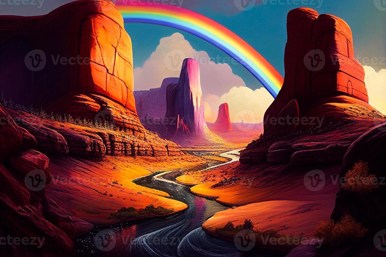 AIGreat American Desert Psychedelic Art 1960s, 1970s Style, Mountains, Desert, Clouds, Rainbow, Psychedelic Colors photo