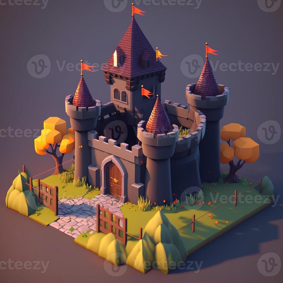 Medieval castle 3d scenery with towers and trees. Digital illustration. AI photo