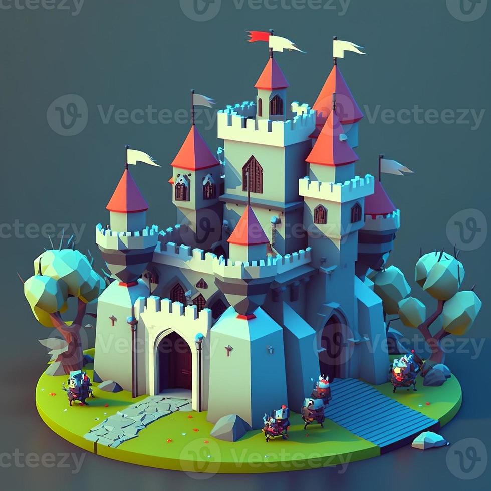 Medieval castle 3d scenery with towers and trees. Digital illustration. AI photo