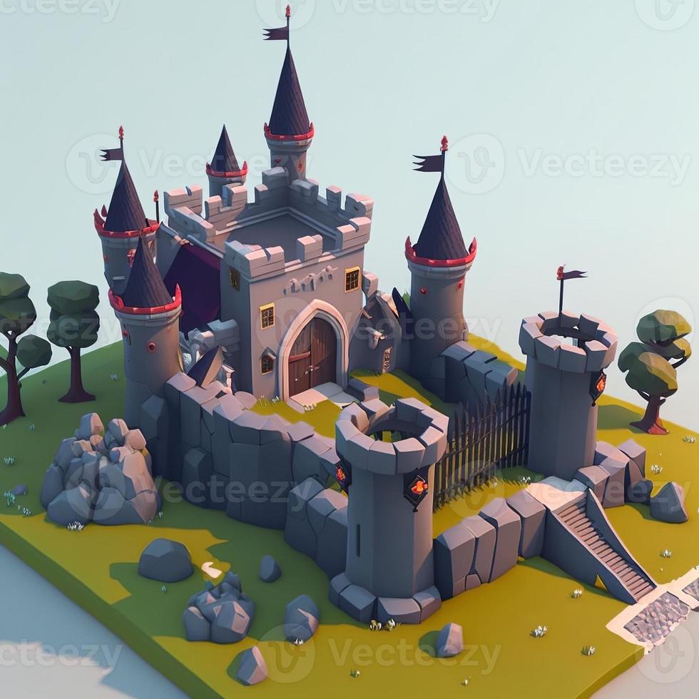Medieval castle 3d scenery with towers and trees. Digital illustration. AI photo