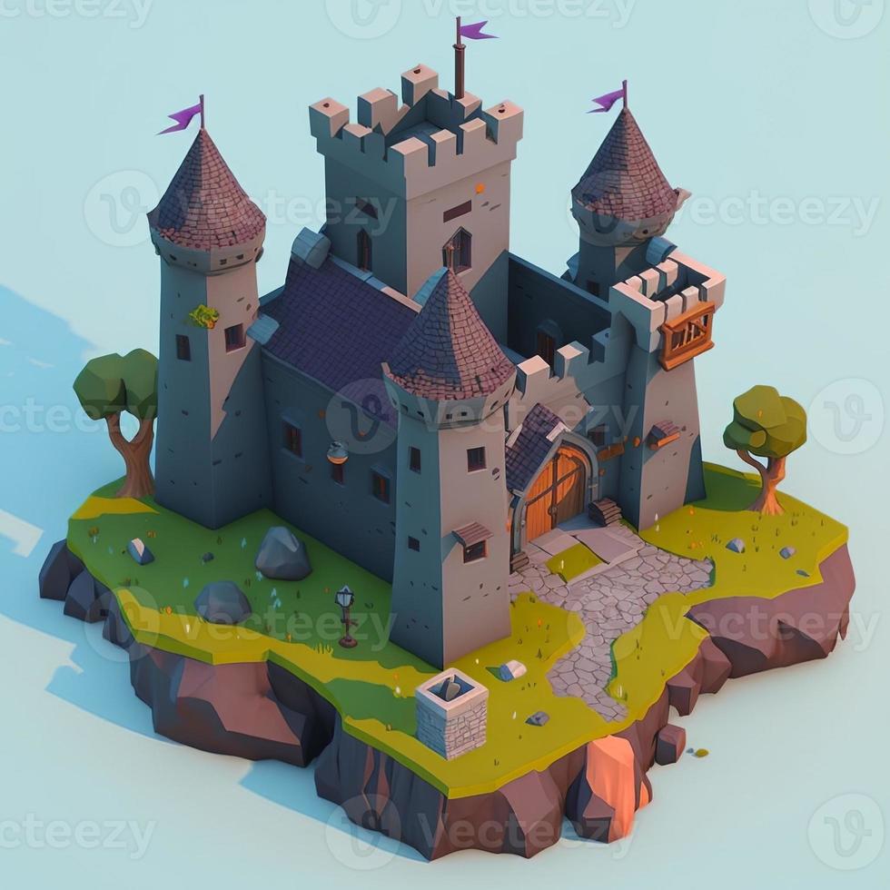 Medieval castle 3d scenery with towers and trees. Digital illustration. AI photo