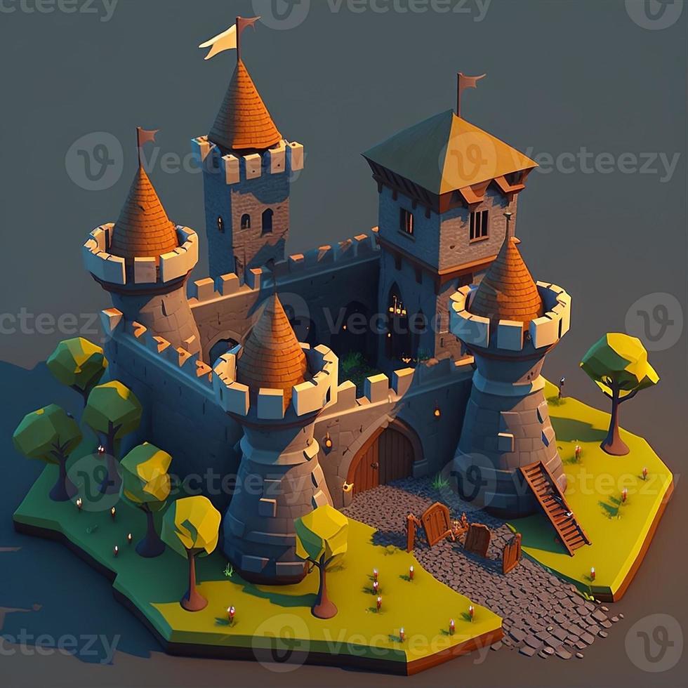 Medieval castle 3d scenery with towers and trees. Digital illustration. AI photo