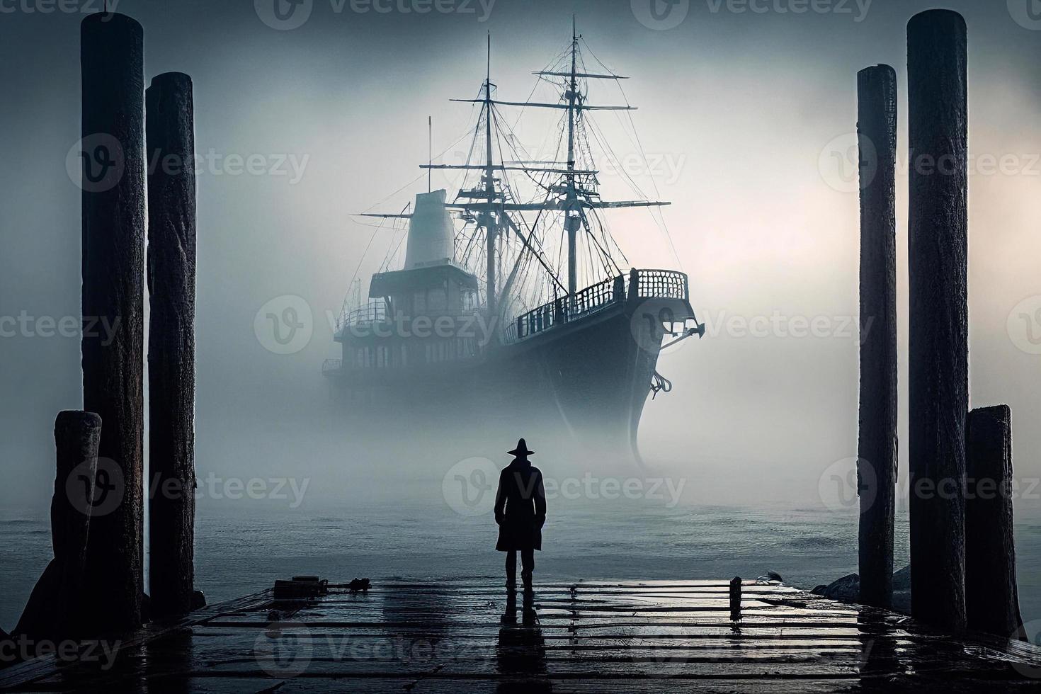 hombre en el Puerto en el niebla ai foto