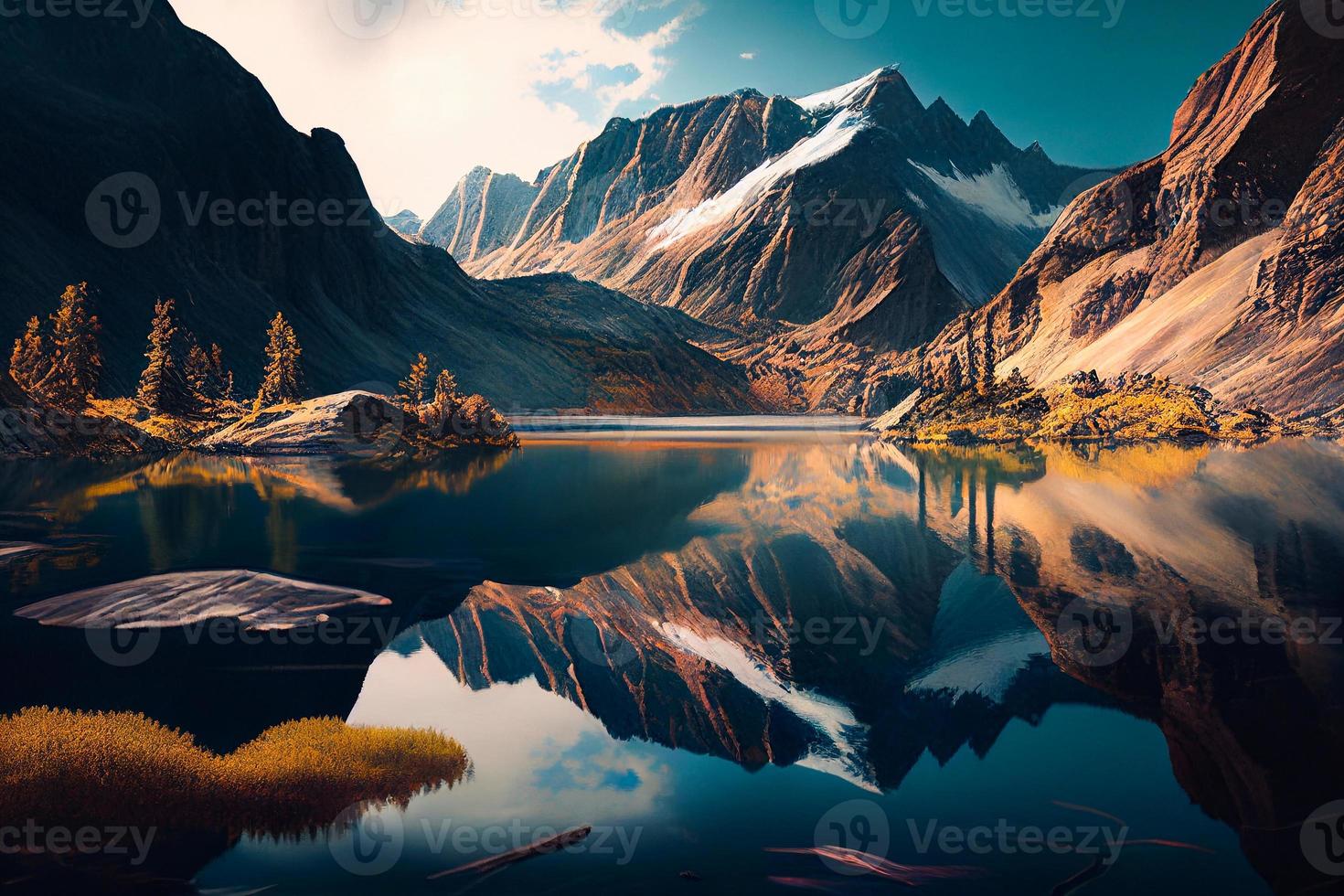 Cartoon flat panorama of spring summer beautiful nature, green grasslands meadow with flowers, forest, scenic blue lake, mountains on horizon background, mountain lake landscape illustration AI photo