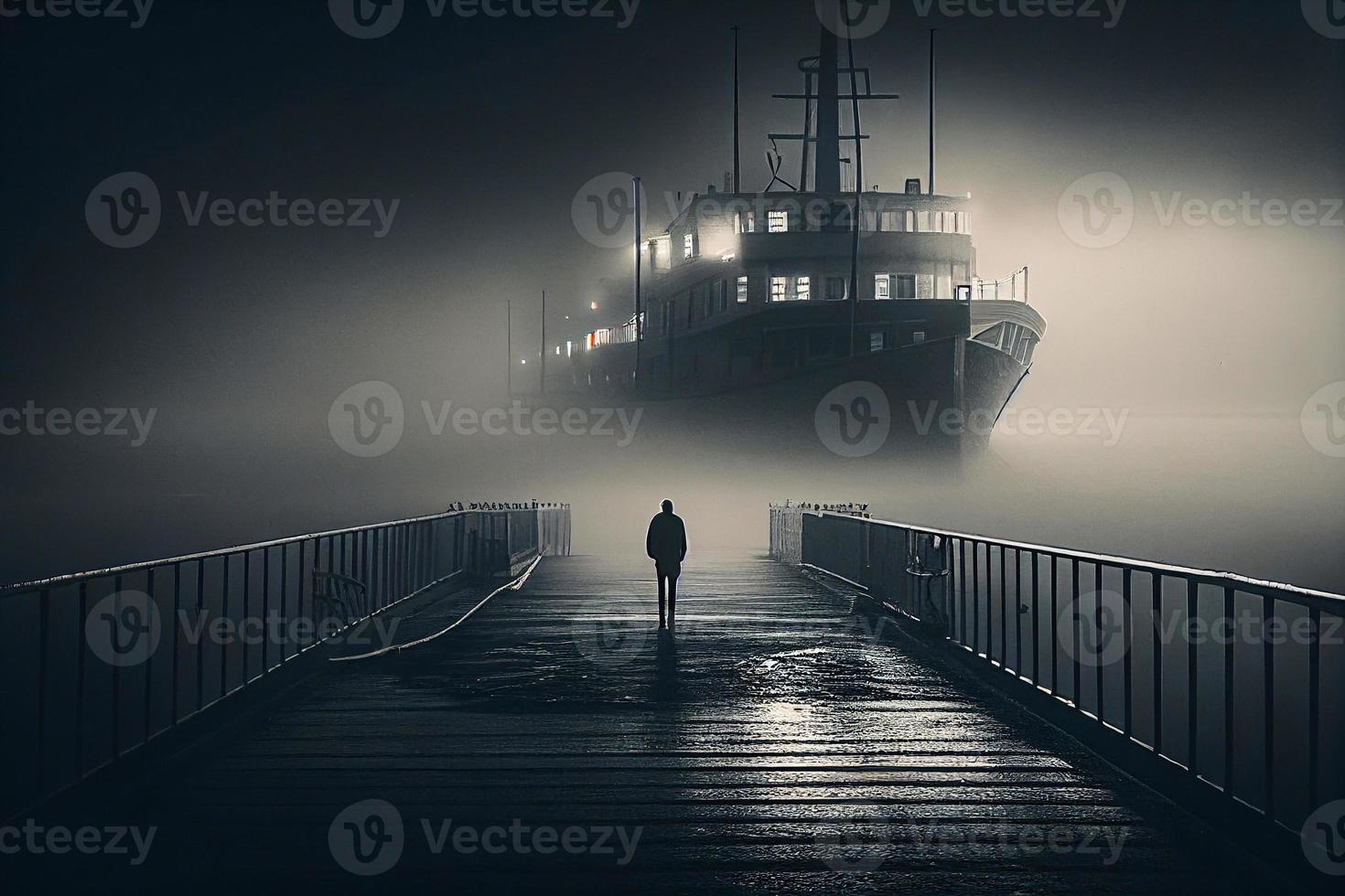 hombre en el Puerto en el niebla ai foto