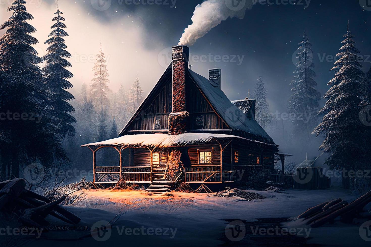 night winter landscape with house and forest background. AI photo