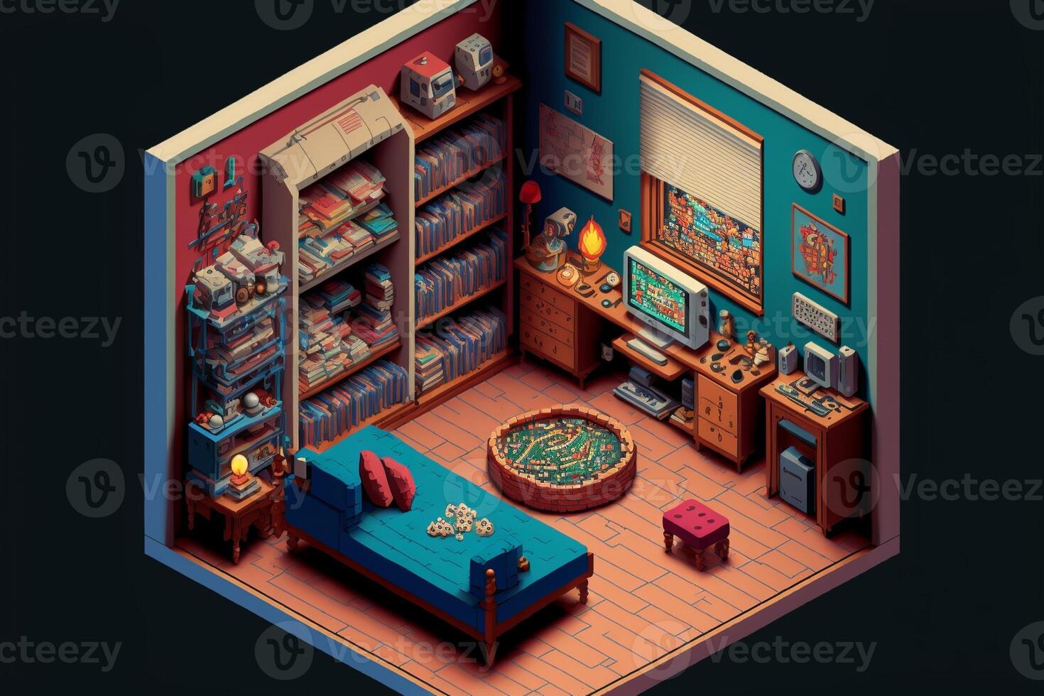 Gamer room with computers, isometric view inside. photo