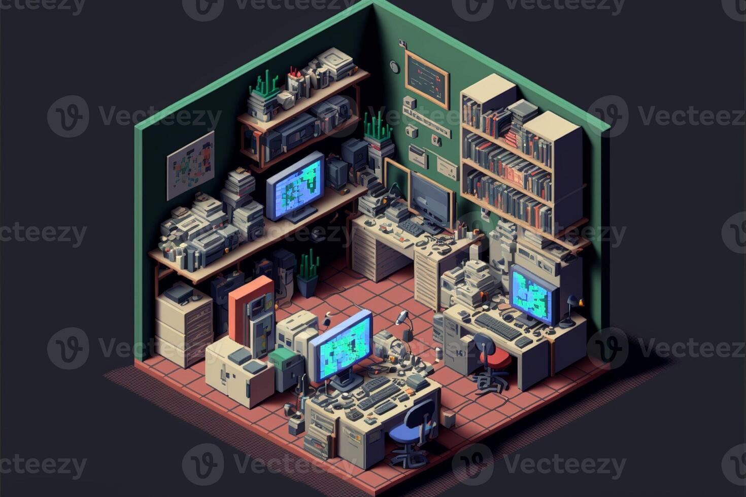 Gamer room with computers, isometric view inside. photo