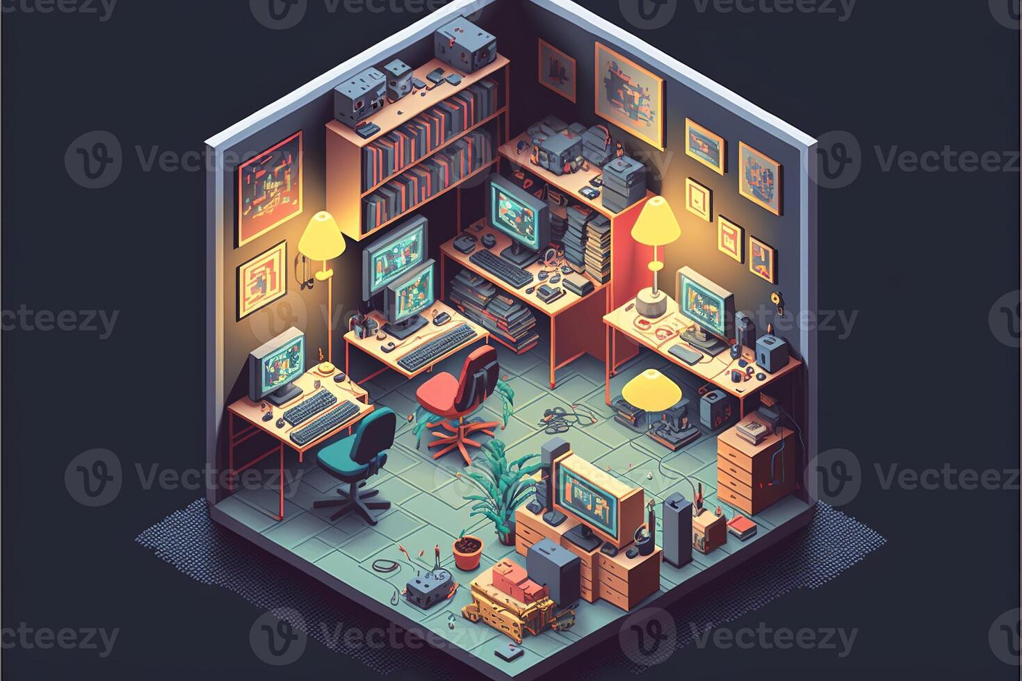 Gamer room with computers, isometric view inside. photo