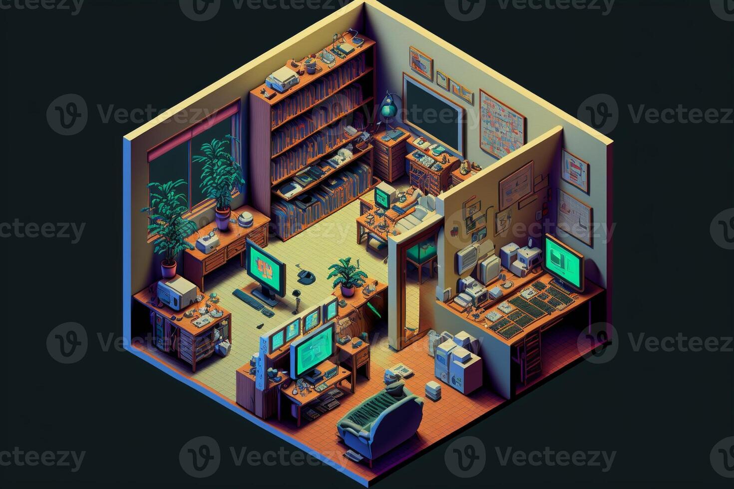 Gamer room with computers, isometric view inside. photo