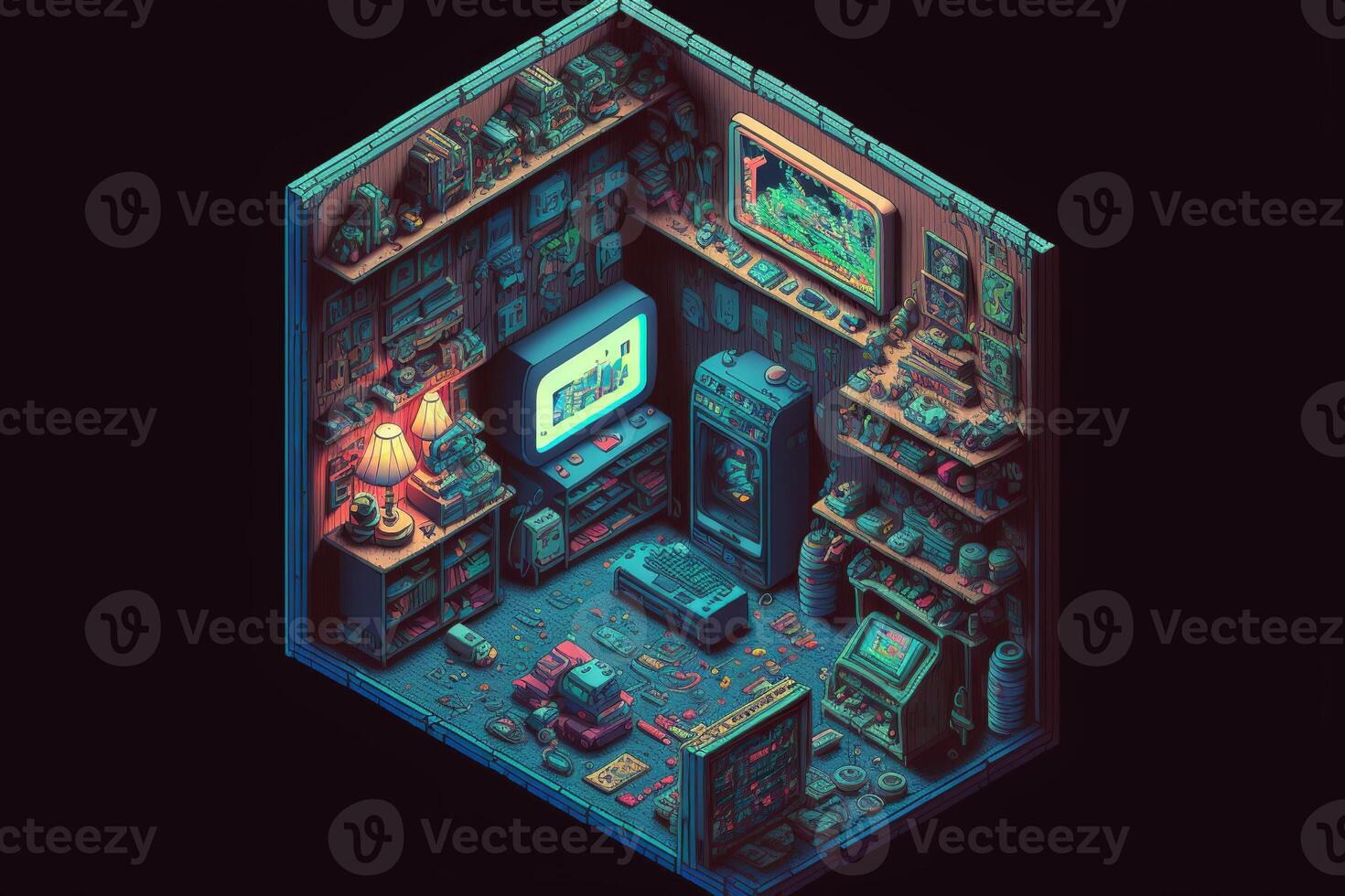 Gamer room with computers, isometric view inside. photo