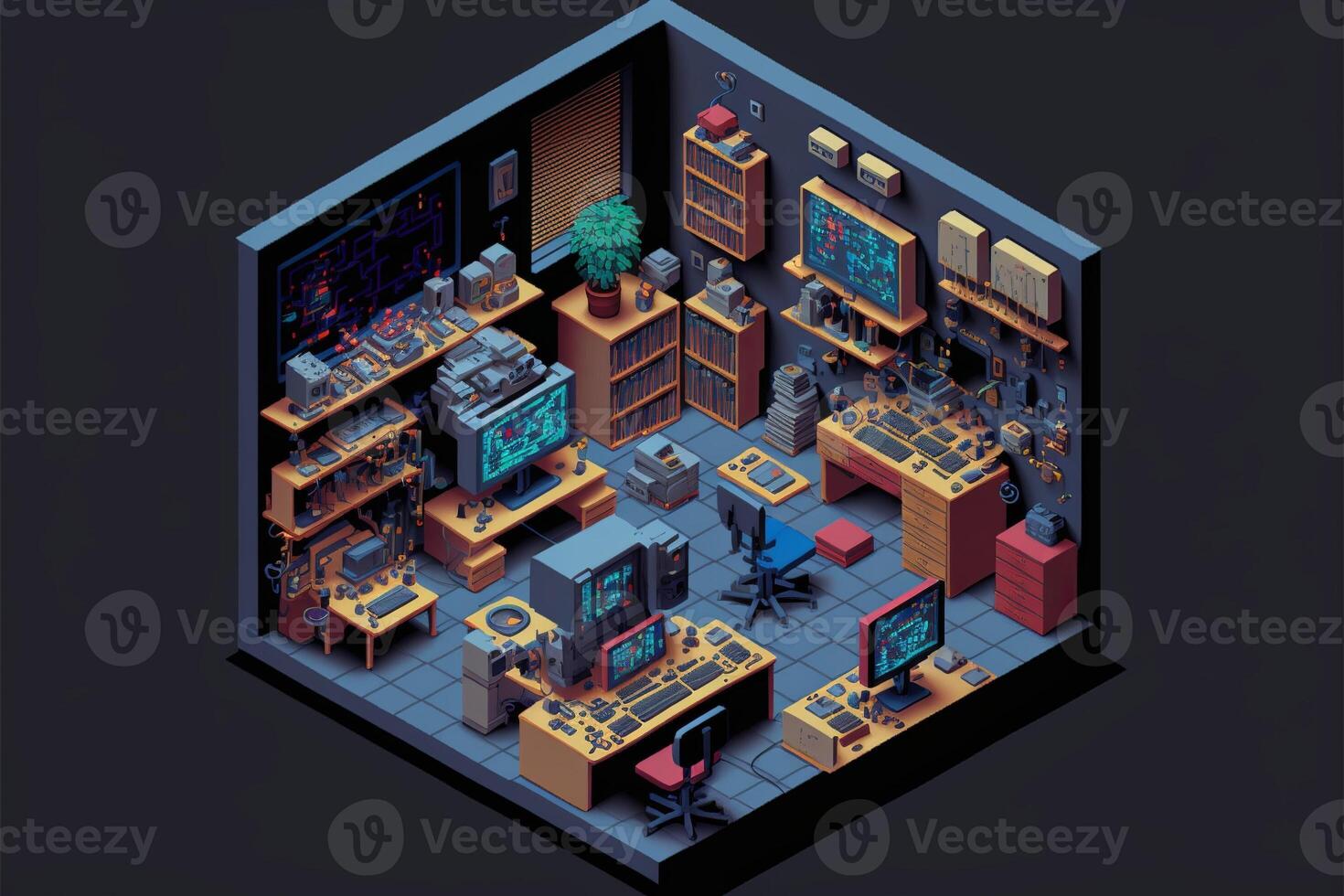 Gamer room with computers, isometric view inside. photo