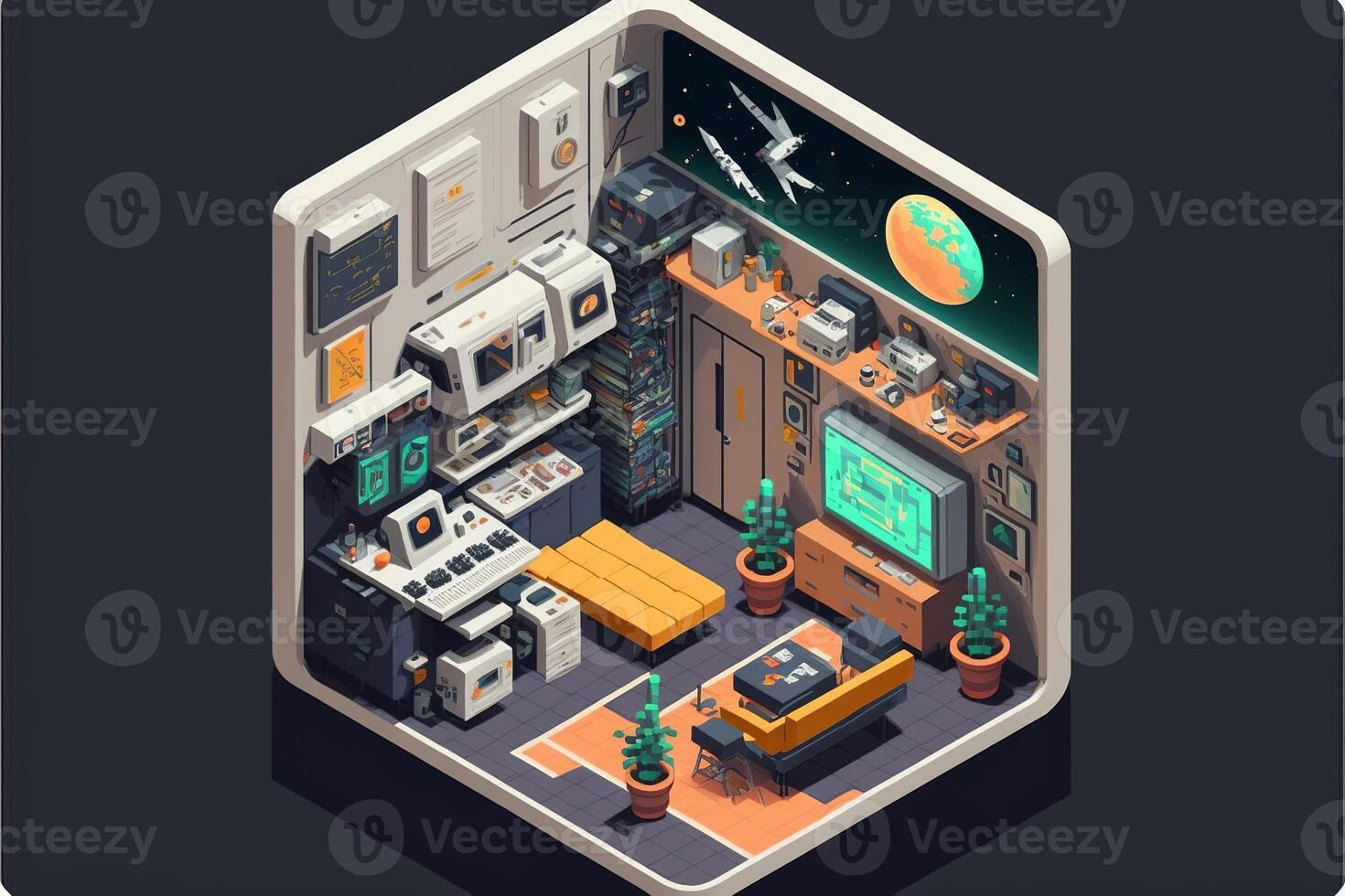 Gamer room with computers, isometric view inside. photo