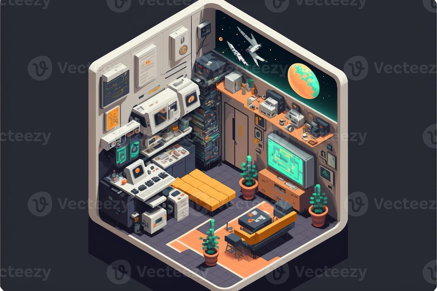 Gamer room with computers, isometric view inside. photo