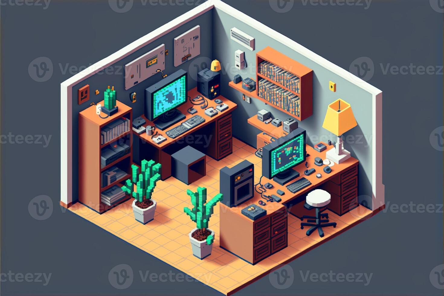 Gamer room with computers, isometric view inside. photo