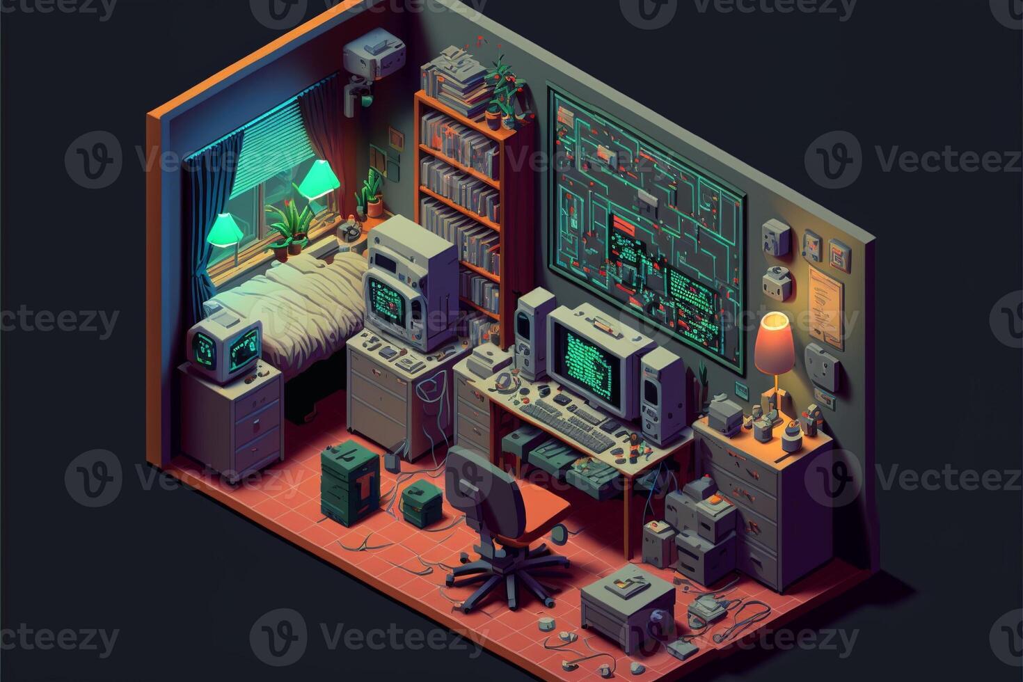 Gamer room with computers, isometric view inside. photo