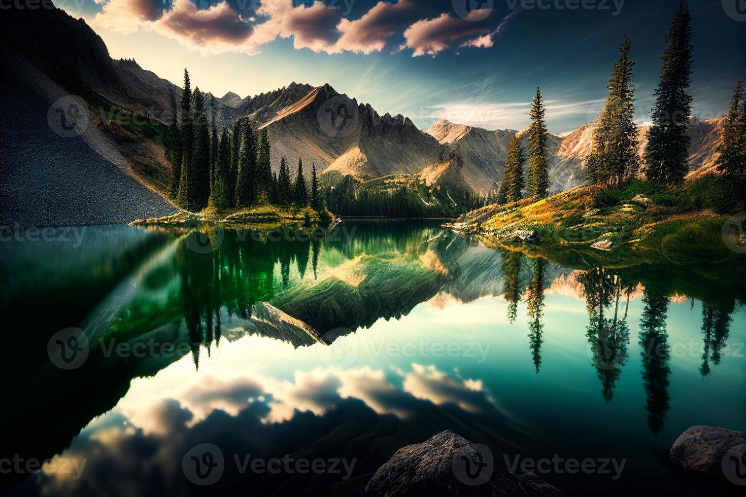 Landscape with mountains, lake and fir-tree. Mountain river. Tourism and travelling. design. Background for web page, internet site AI photo