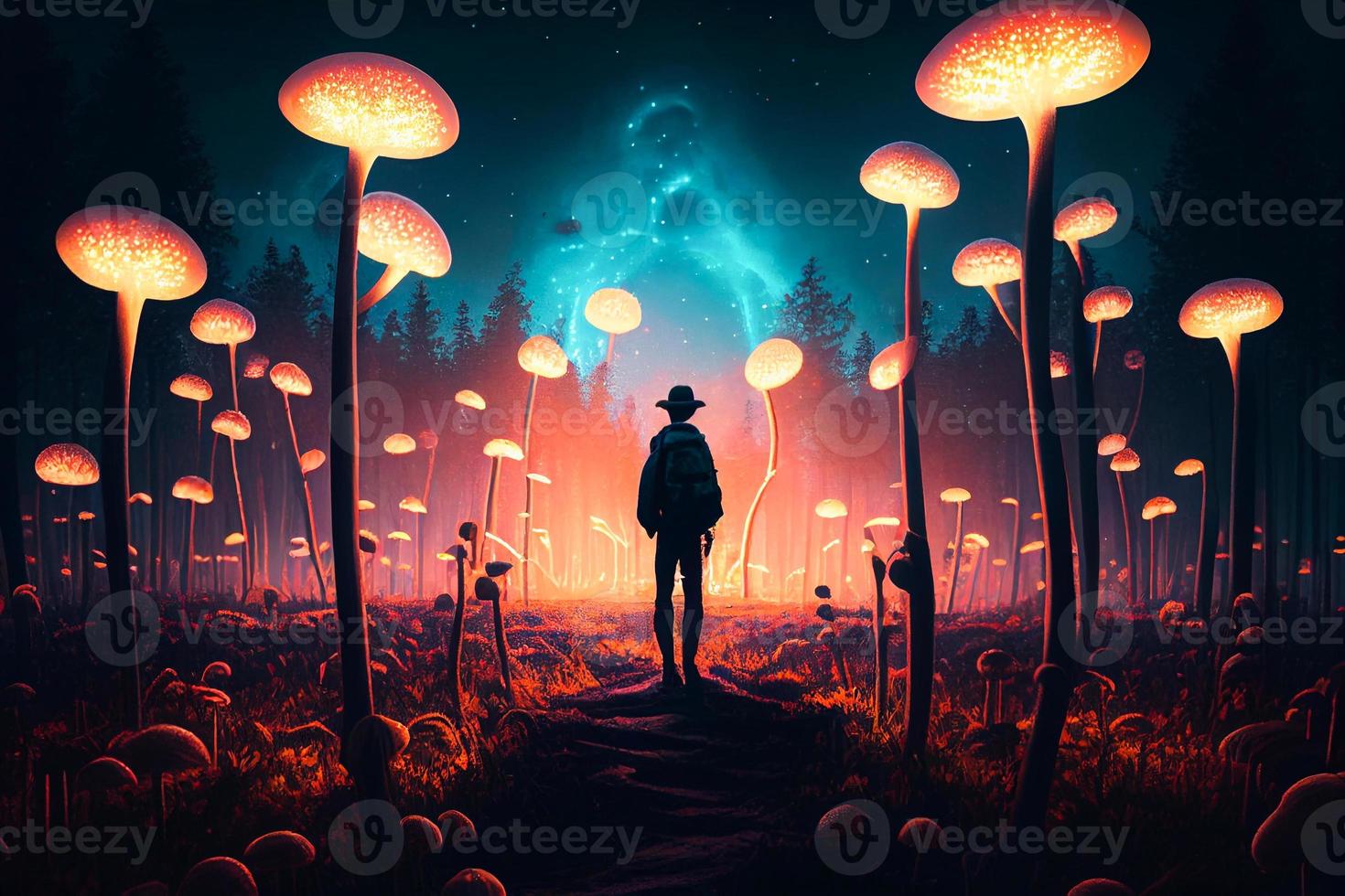 Collection of cartoon-style magic fantasy mushrooms glowing in the dark isolated, Large Mushrooms Collection for your Fantasy or Sci-Fi projects, Mushrooms Fantasy Imagination. AI photo