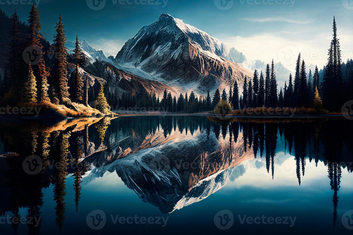 Landscape with mountains, lake and fir-tree. Mountain river. Tourism and travelling.  design. Background for web page, internet site AI photo