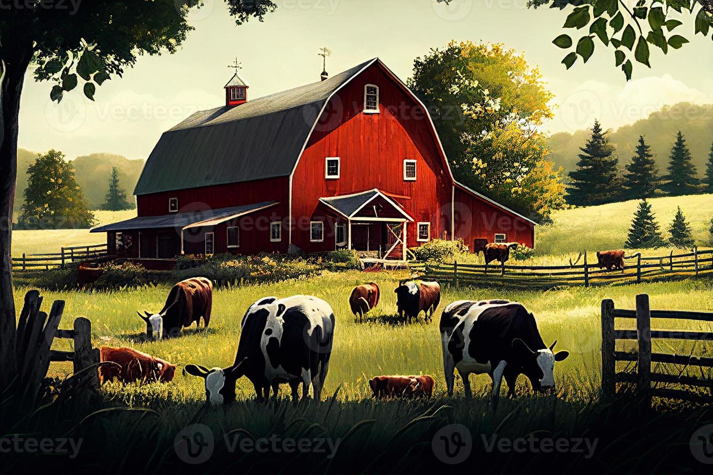 Farmyard outside scenery landscape  illustration. Wooden barn farm house, green rural farm, chicken coop with eggs in nest, stalks of hay, blue sky on background, ladder, pitchfork and barrel. AI photo