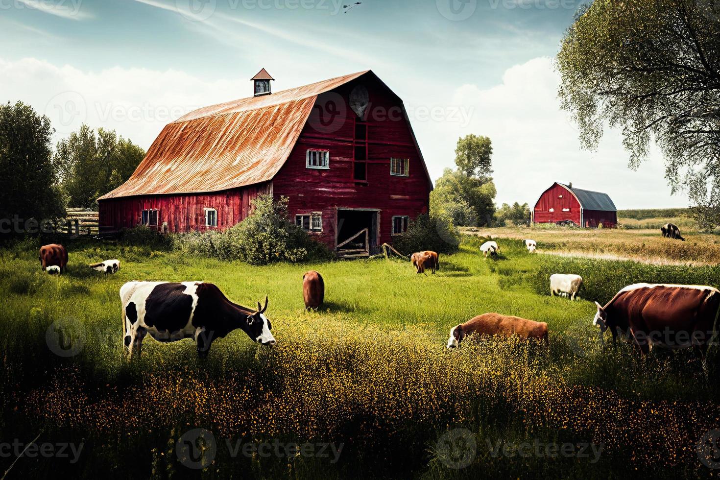 Farmyard outside scenery landscape illustration. Wooden barn farm house, green rural farm, chicken coop with eggs in nest, stalks of hay, blue sky on background, ladder, pitchfork and barrel. AI photo