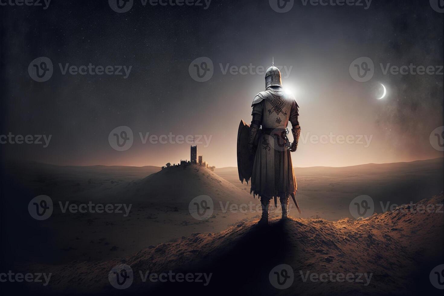 Knight Templar from the back with desert in the background. photo