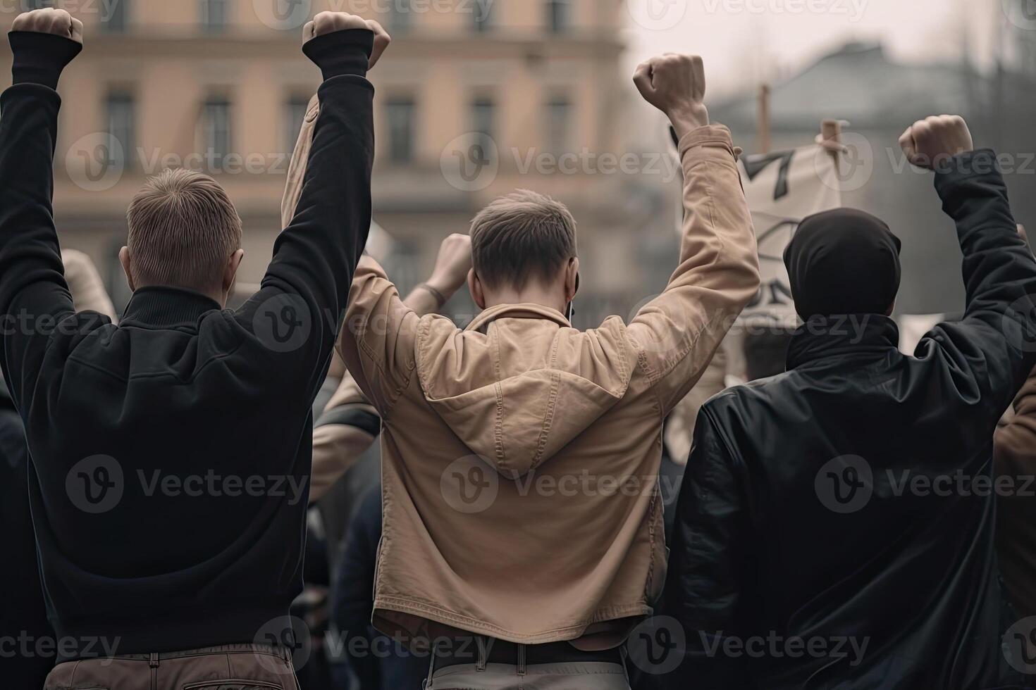 Back view of aggressive people protesting at city street. Protest activists. Crowd with raising fists. Angry people make revolution. Created with photo