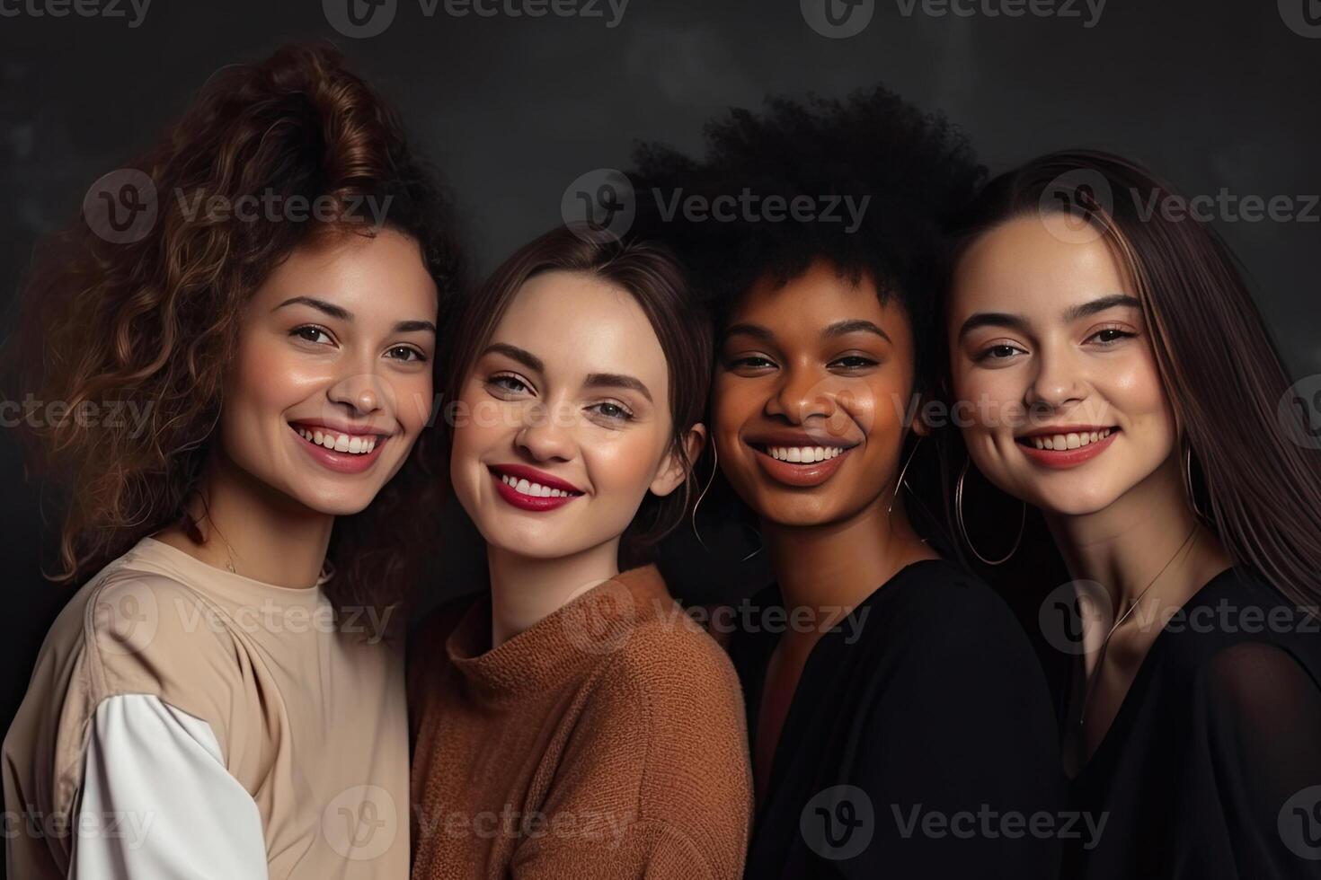 Multiracial women standing together and smiling at camera. Portrait of interracial female models. Diversity concept. Created with photo