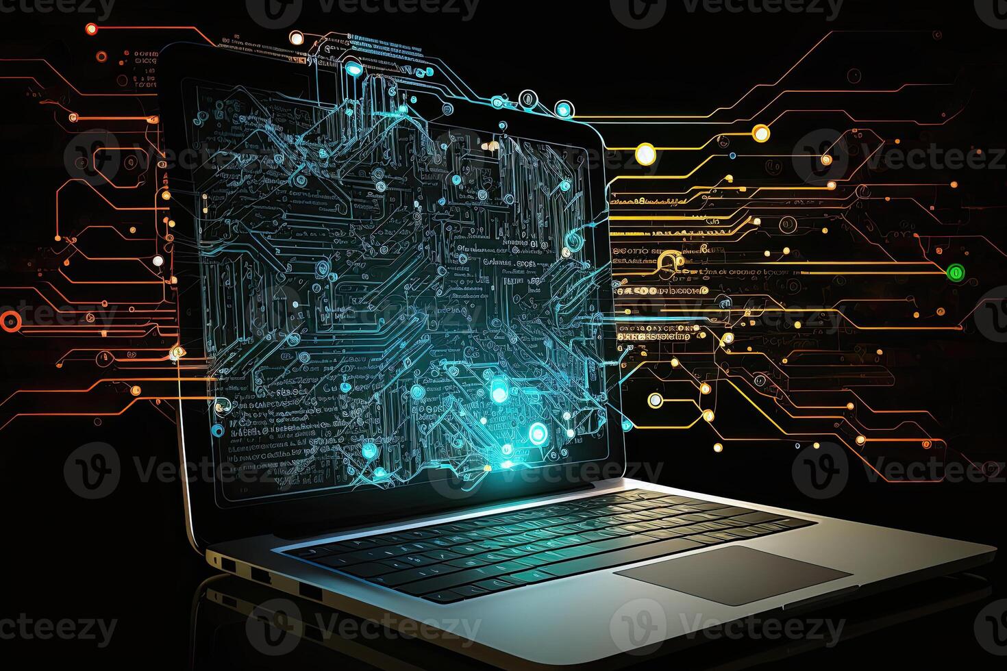 Digital data and network connection on laptop screen. Big data analysis. Network information and data protection concept. Created with photo