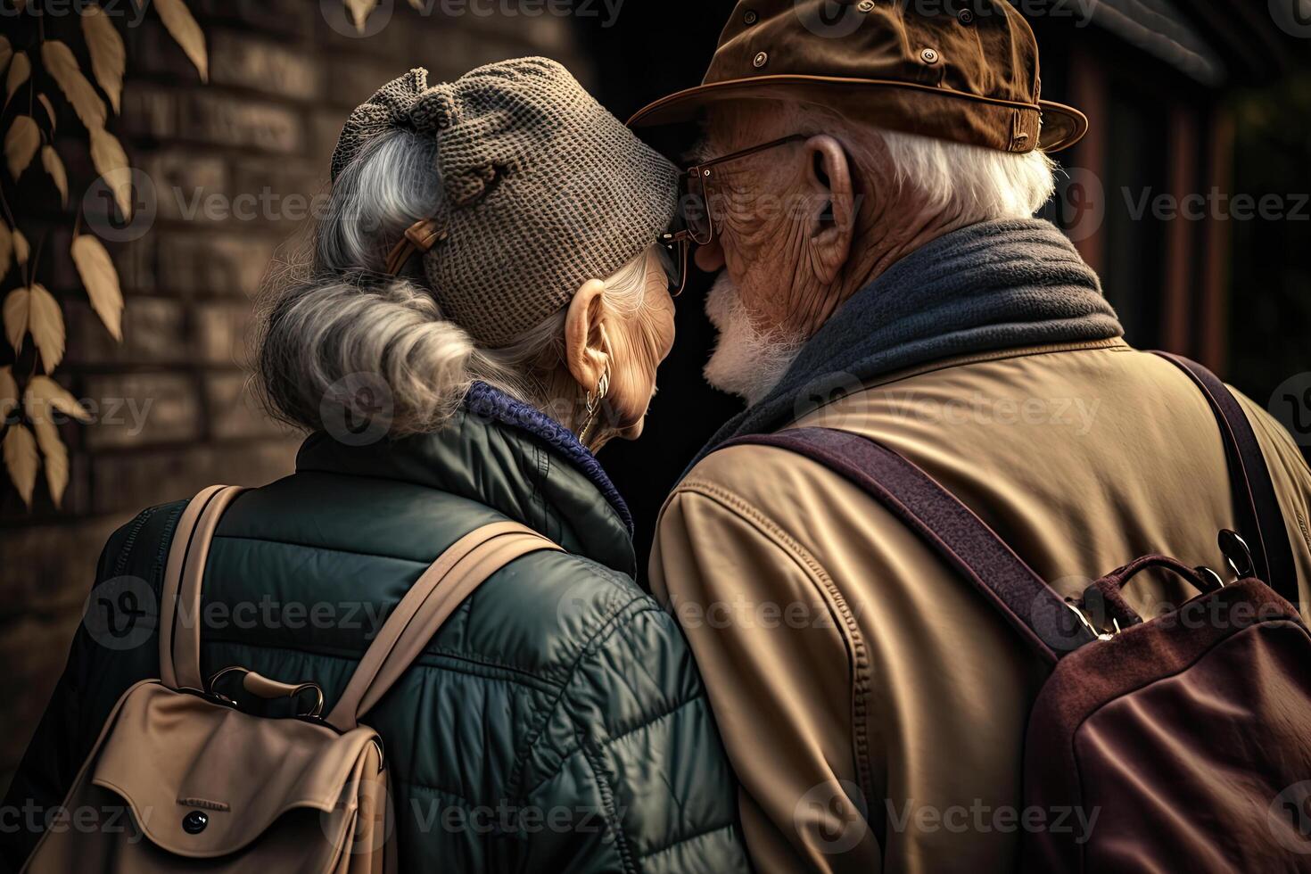 Back view of an elderly couple outdoors. Elderly man and woman are walking together, having romantic relationship. Happy old age. Created with photo