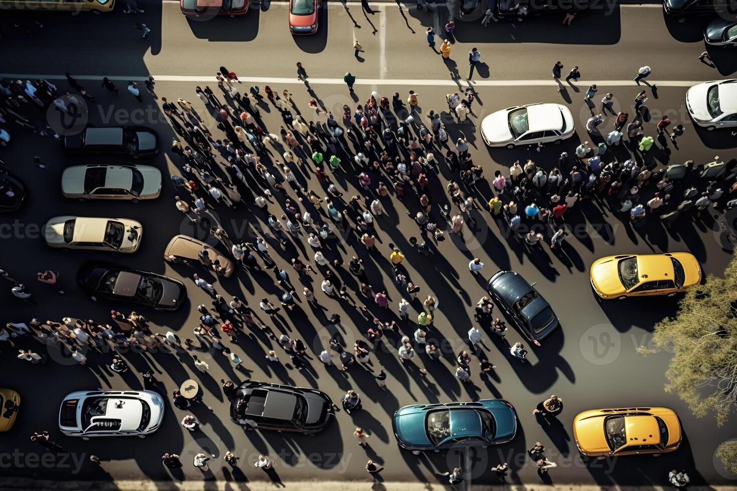 Protesting crowd at city street. Protesting people marching at city, aerial view. Social problems in society, struggle for rights. photo