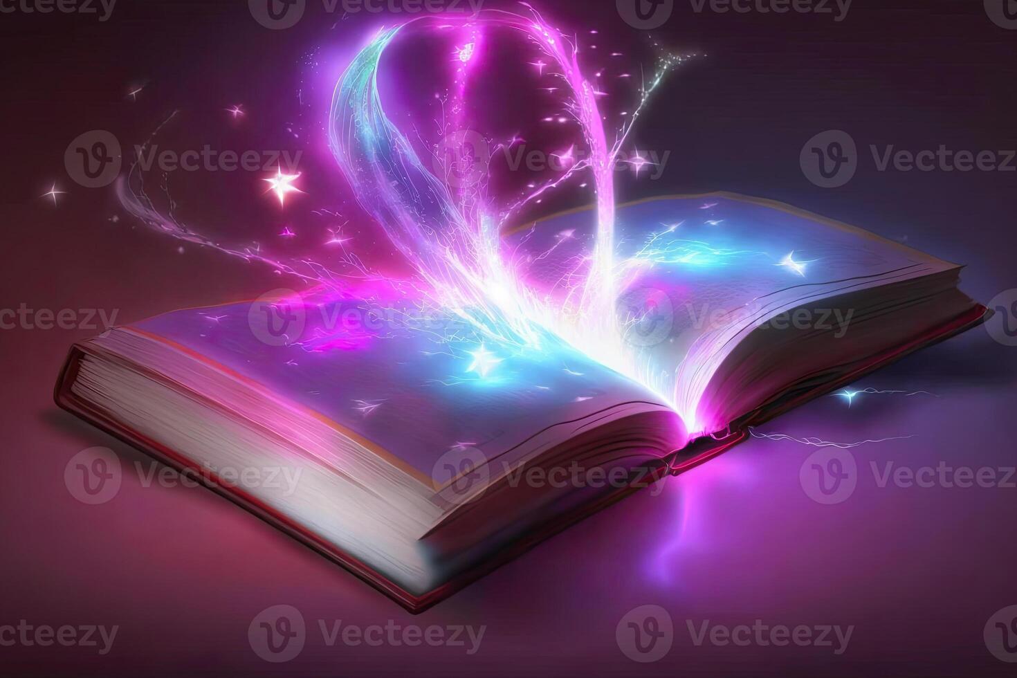 Open magical book with fantasy landscape over pages. Created with photo