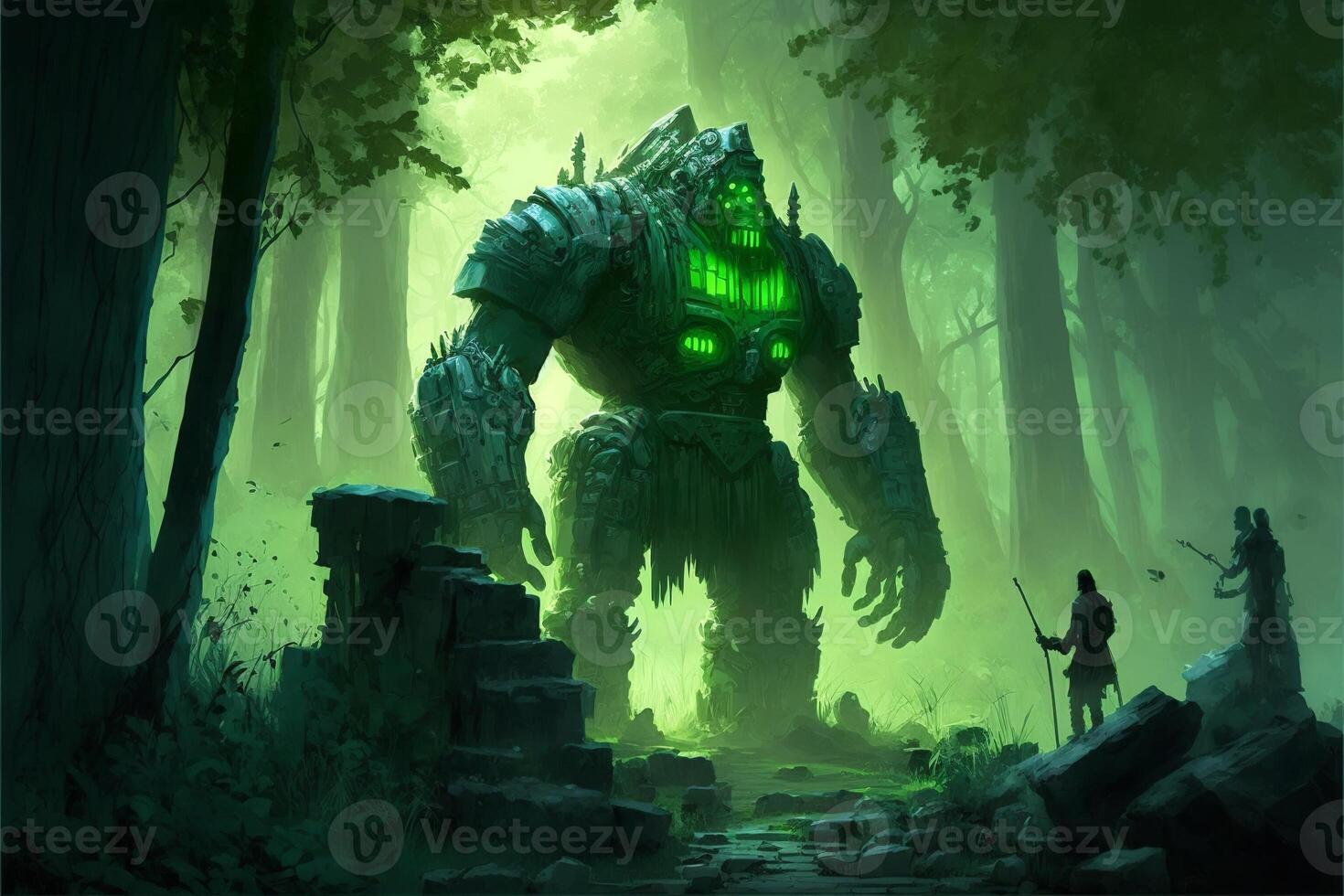 Giant stone golem in the middle in the forest, green fog. photo