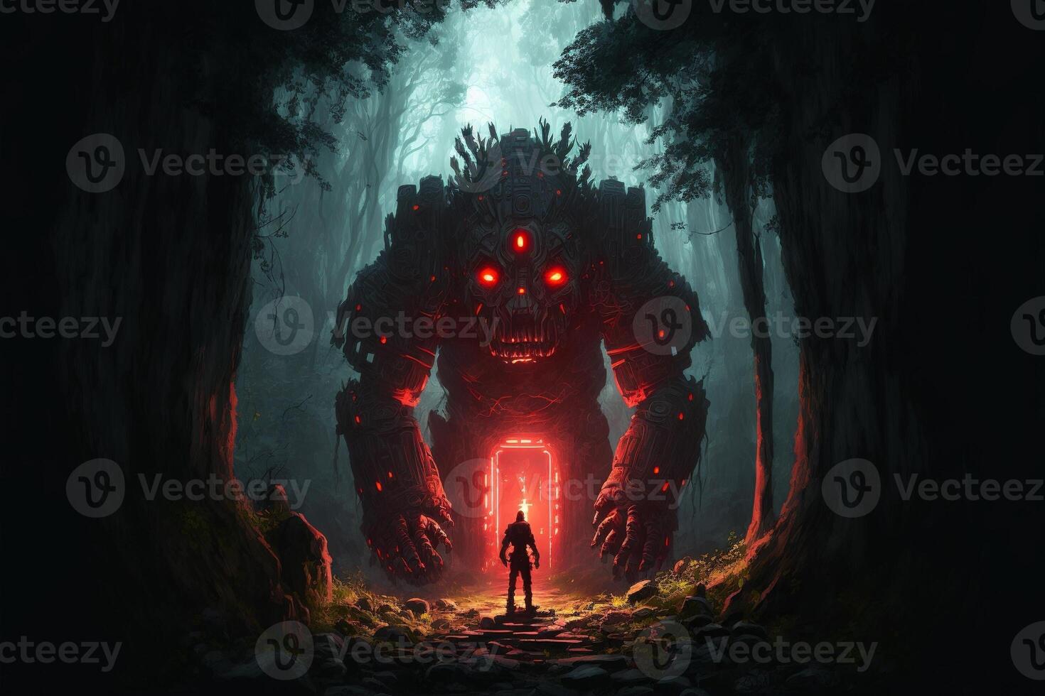 Giant stone golem in the middle in the forest, green fog. photo