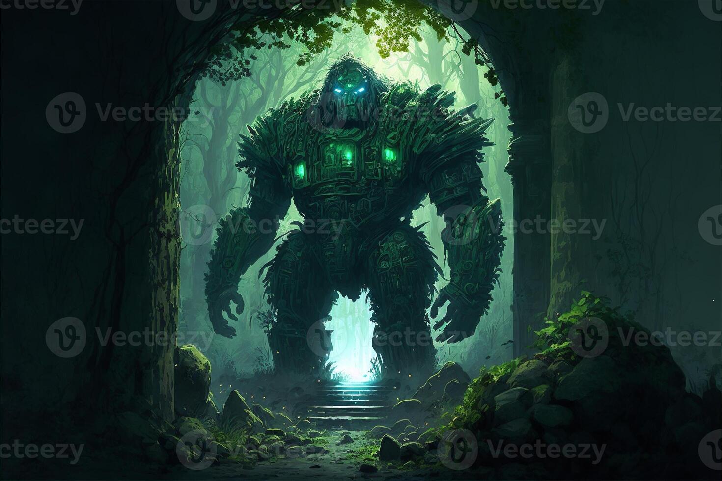 Giant stone golem in the middle in the forest, green fog. photo