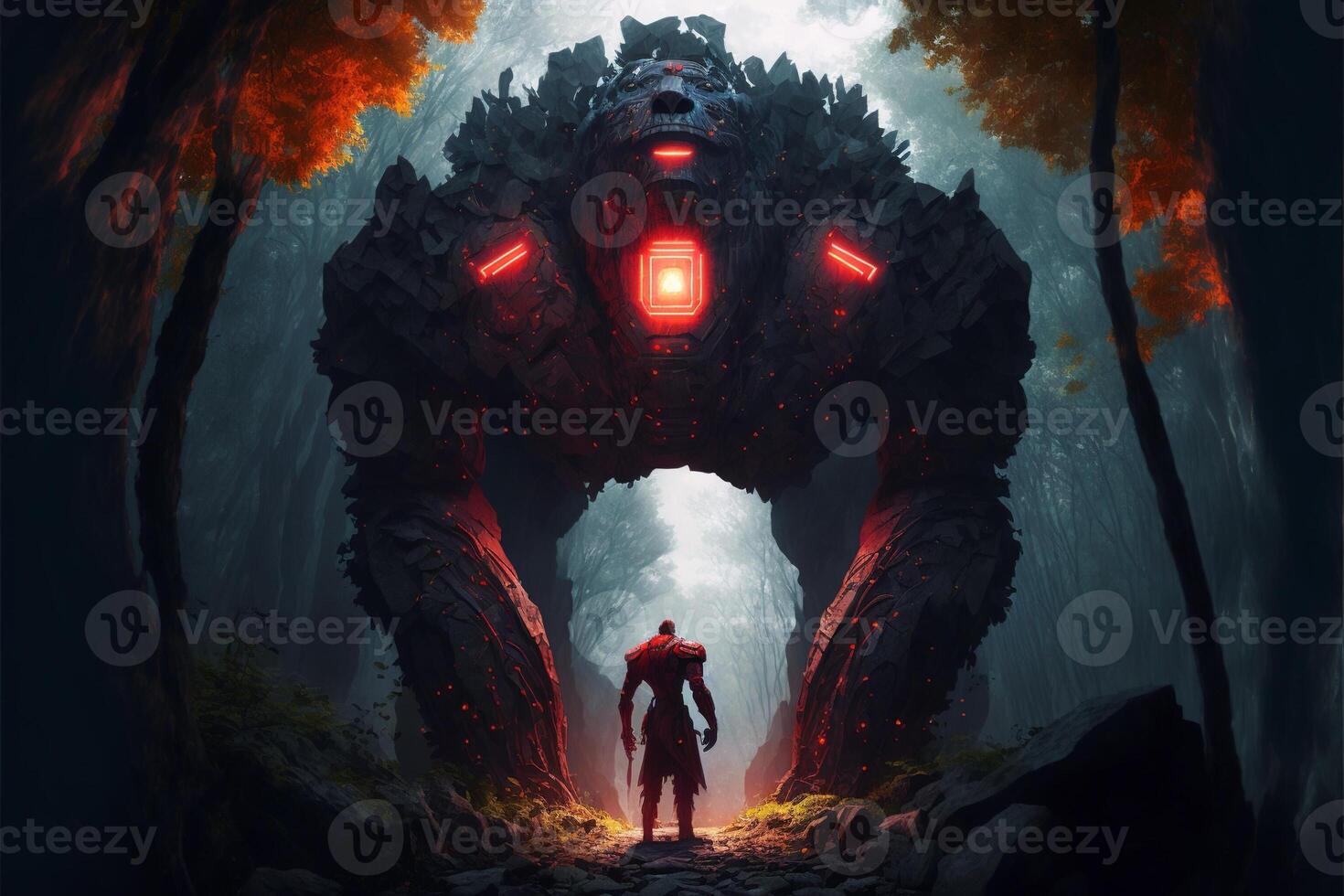 Mystical portal in the forest in the form of a golem's head, red mist. photo