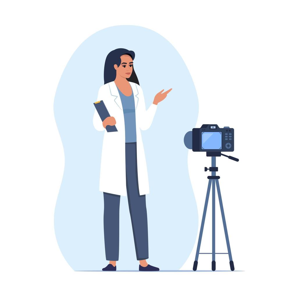 Doctor records video with training medical lecture, standing in front of the camera. Online medical seminar, lecture, healthcare meeting concept. Vector illustration.