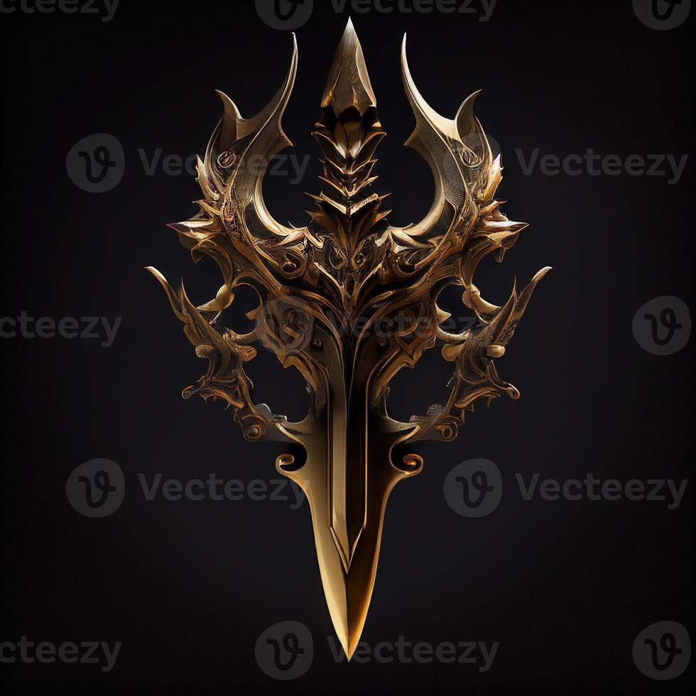 Golden trident weapon on black background photo