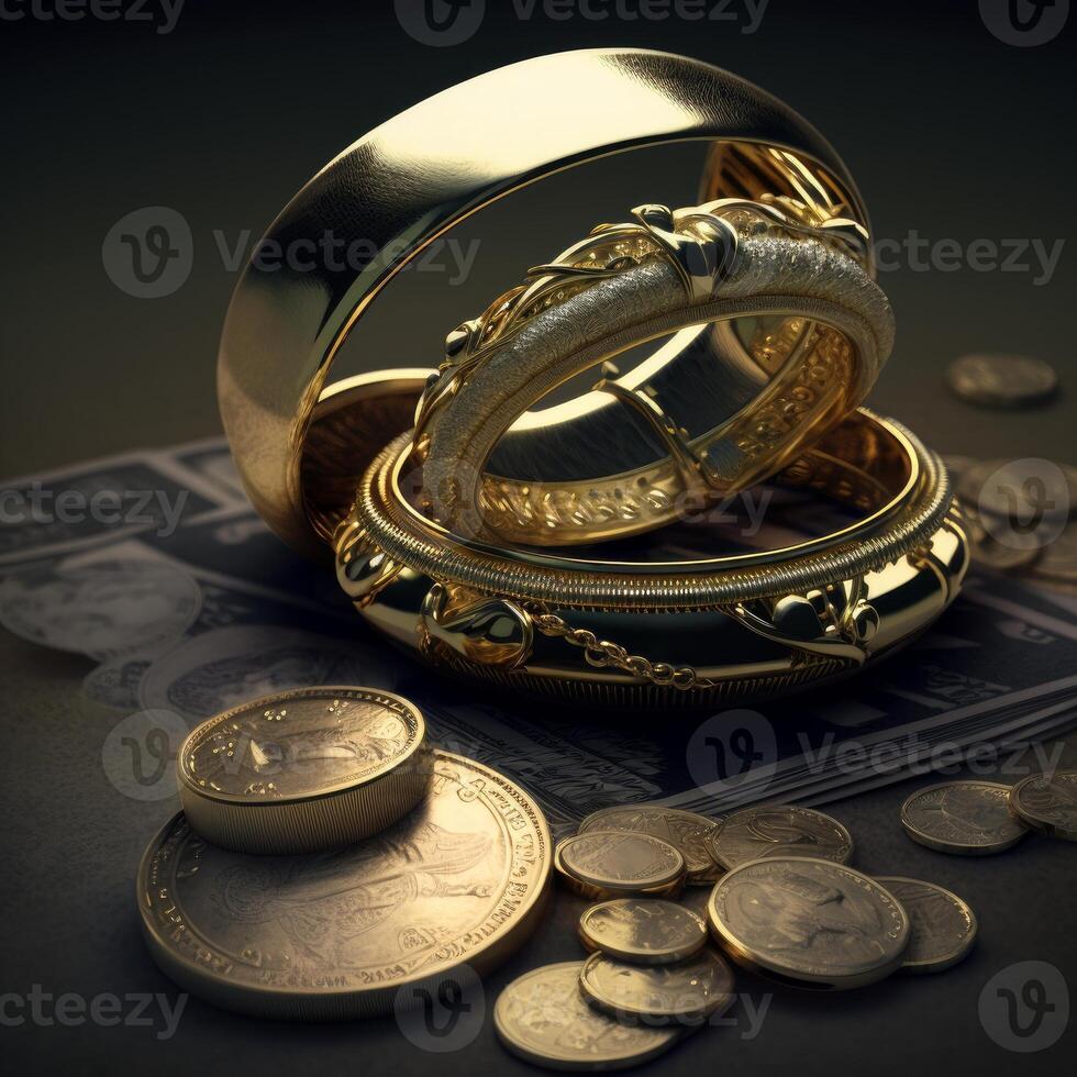 gold jewellery rings and gold coins image photo