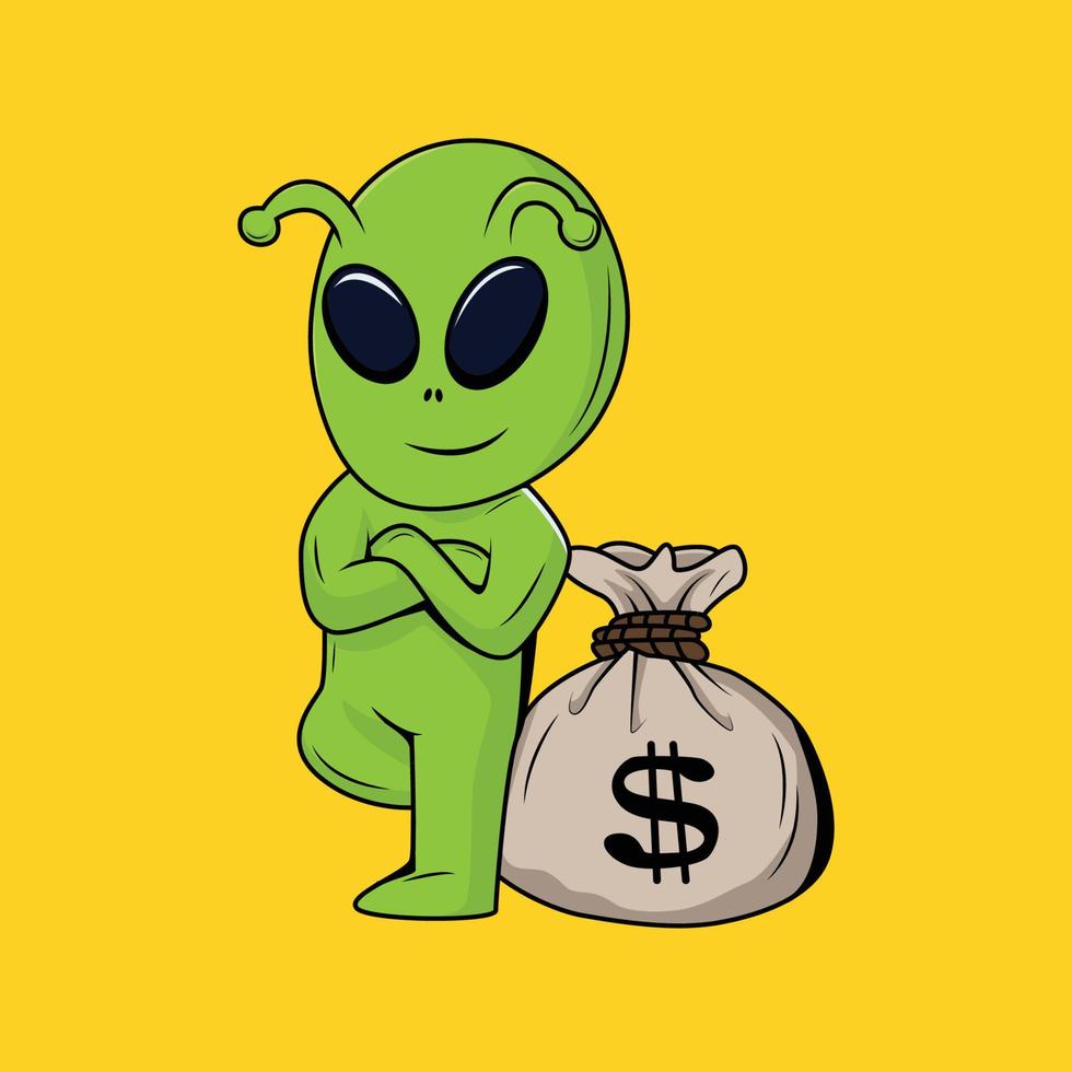 Cute Alien with money Cartoon Sticker vector Illustration