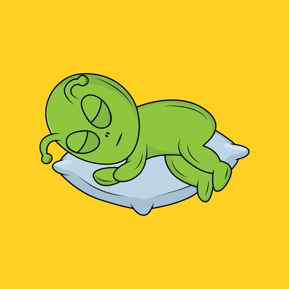 Cute Alien sleeping on pillow Cartoon Sticker vector Illustration