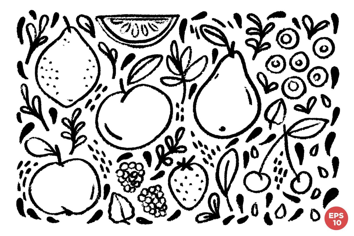 Hand drawn grungy fruits and berries set. Graphic linear food images. Vector naive one color clip-arts with fruits, berries, leaves and seeds.