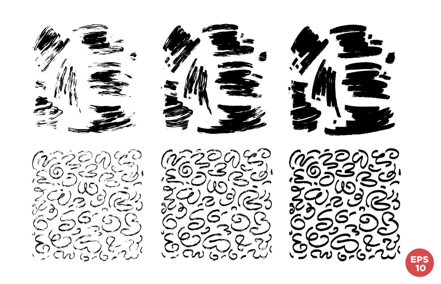 Marker drawn scribble square composition vector set. Childish drawing. Hand draws calligraphy swirls. Curly brush strokes, marker scrawls as graphic design elements set.