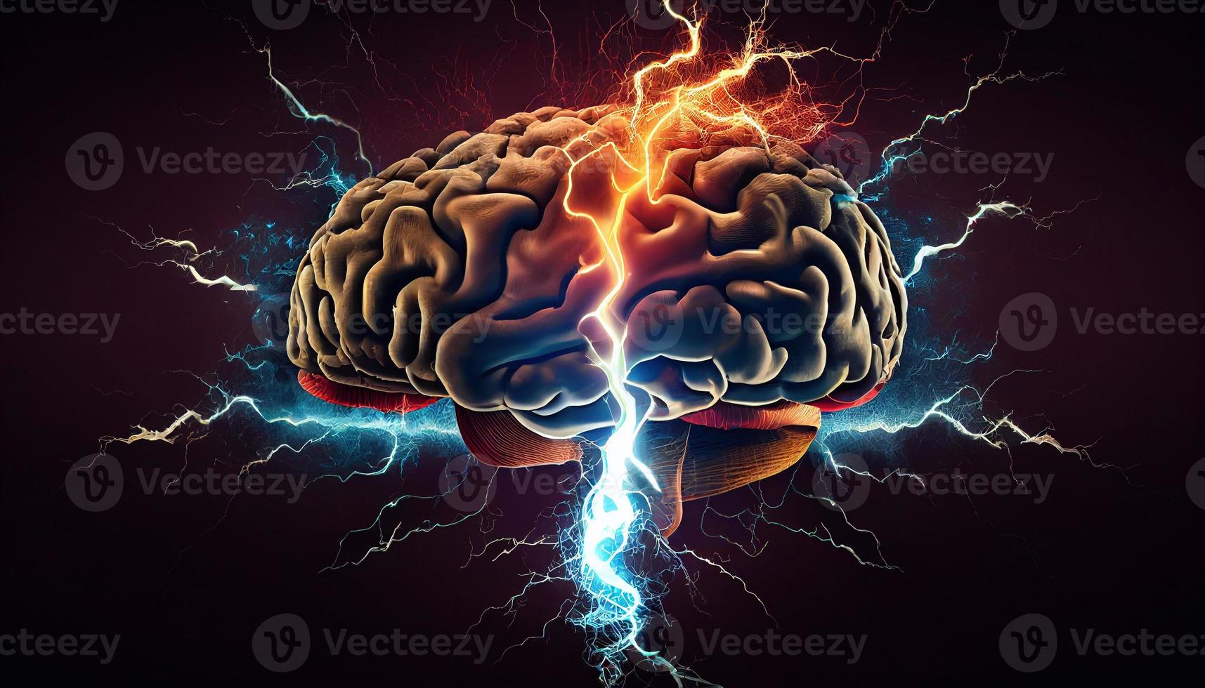 brain with lightning concept think AI photo