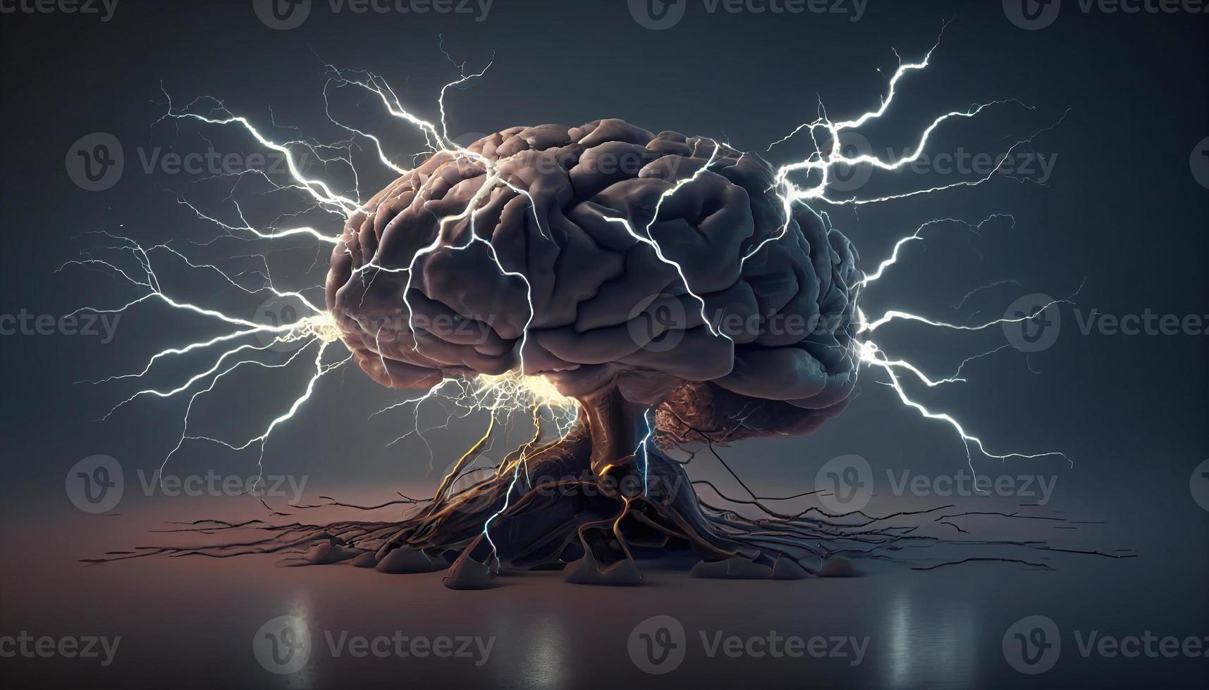 brain with lightning concept think AI photo