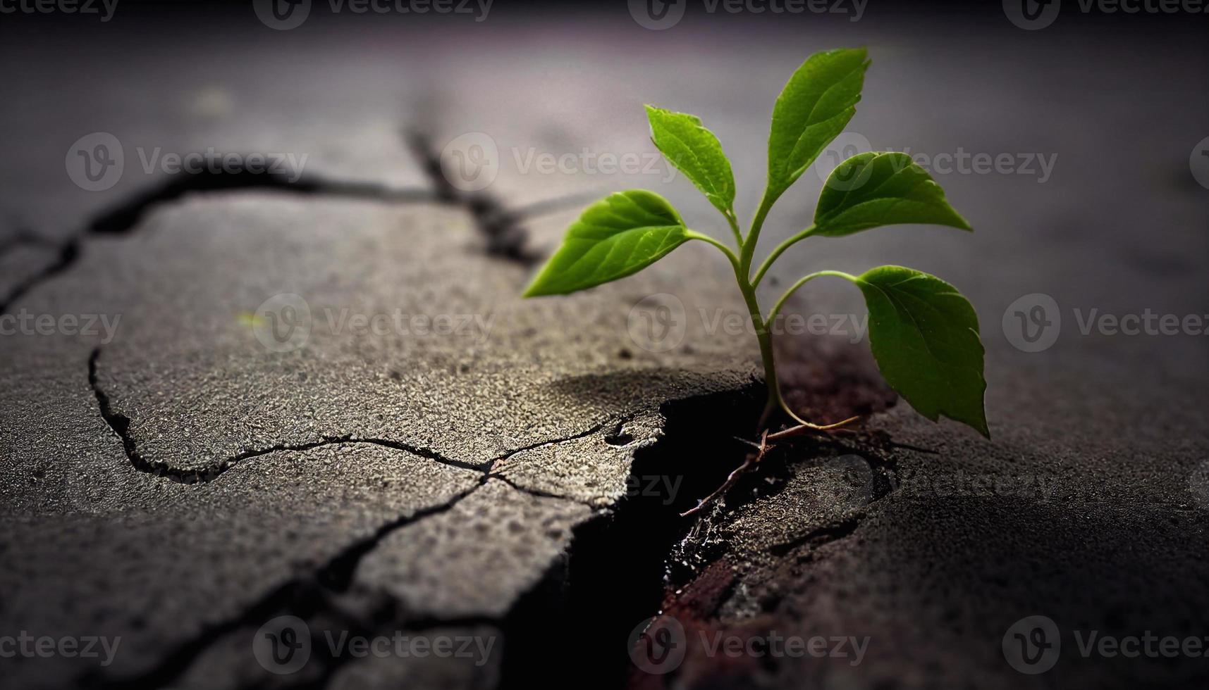 Strength and power of nature. A crack in the ground and a young sprout. Green grass, the plant grows through dry desert soil. Fragment of an oasis. Environment. illustration AI photo